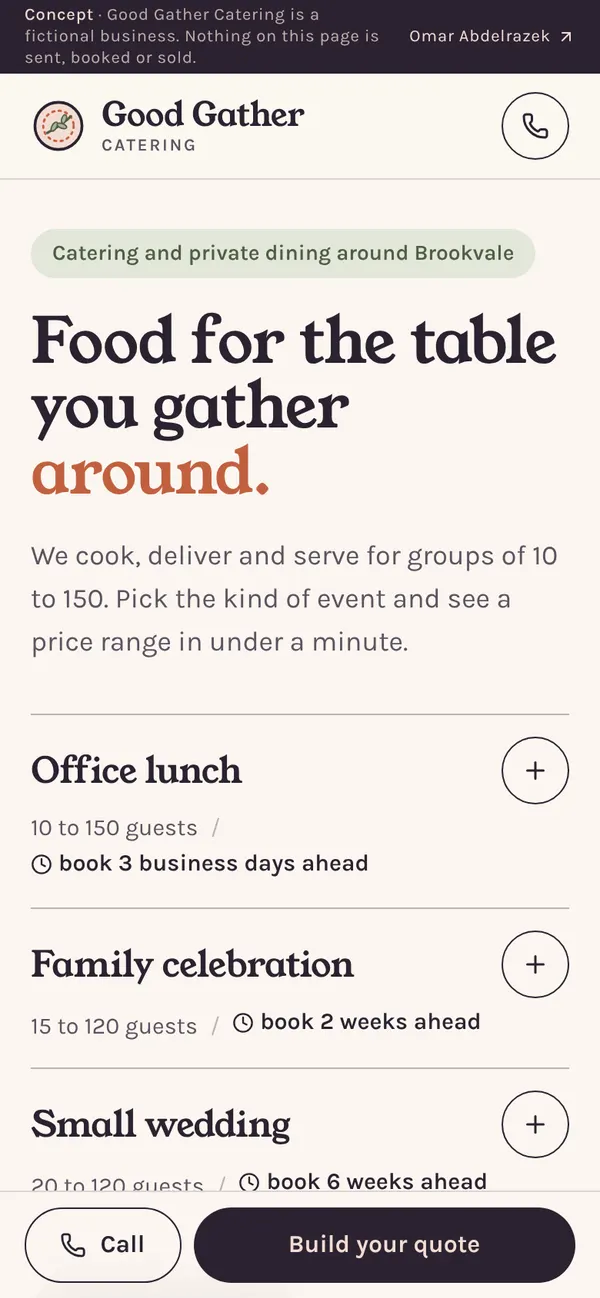 Good Gather Catering homepage on a phone