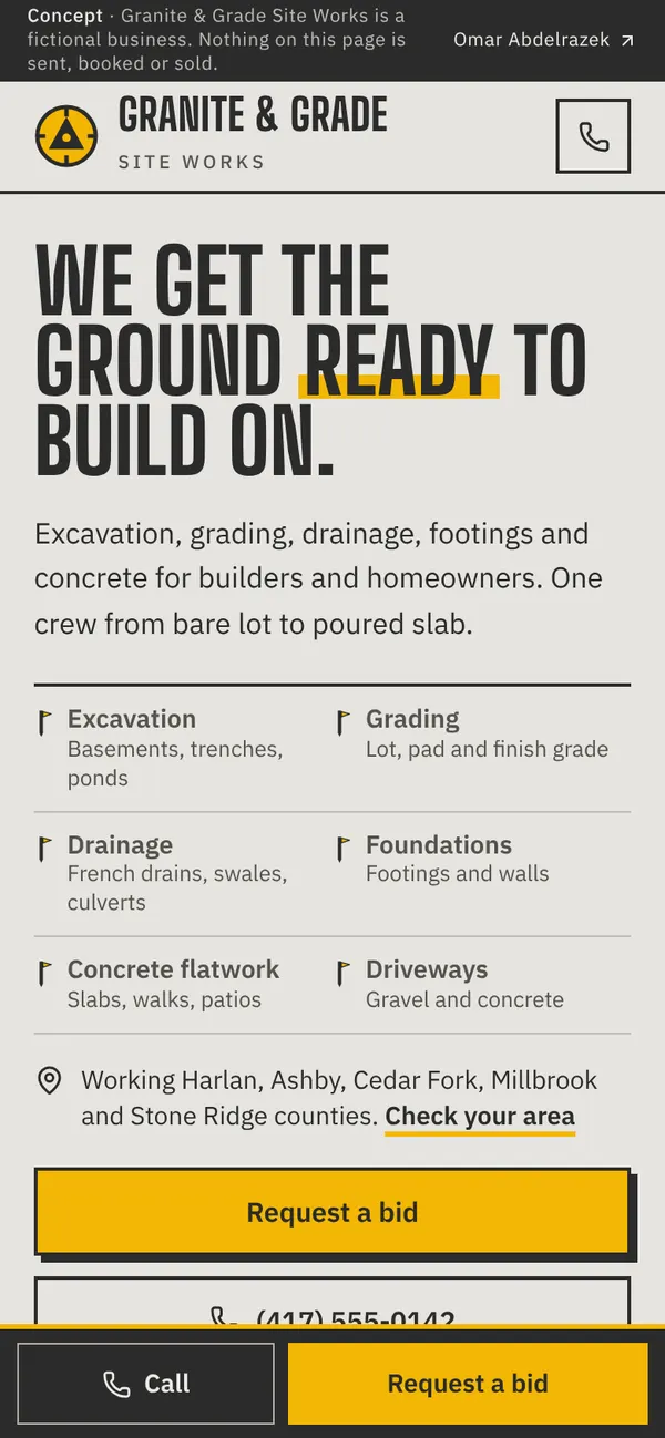 Granite & Grade Site Works homepage on a phone