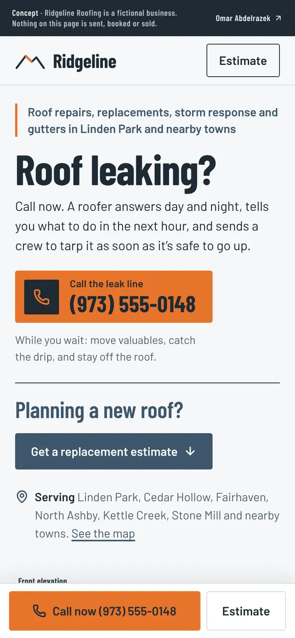 Ridgeline Roofing homepage on a phone