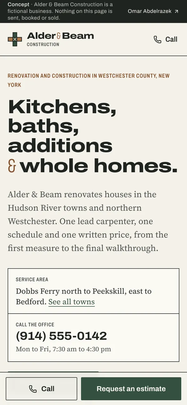 Alder & Beam Construction homepage on a phone