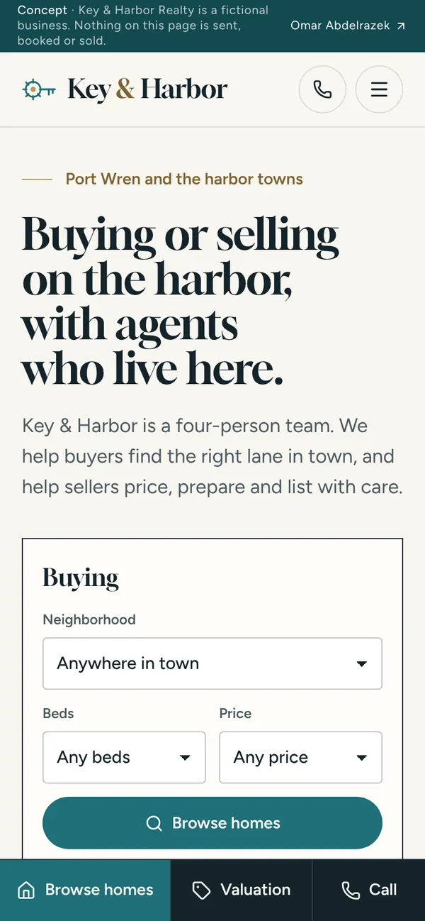 Key & Harbor Realty homepage on a phone