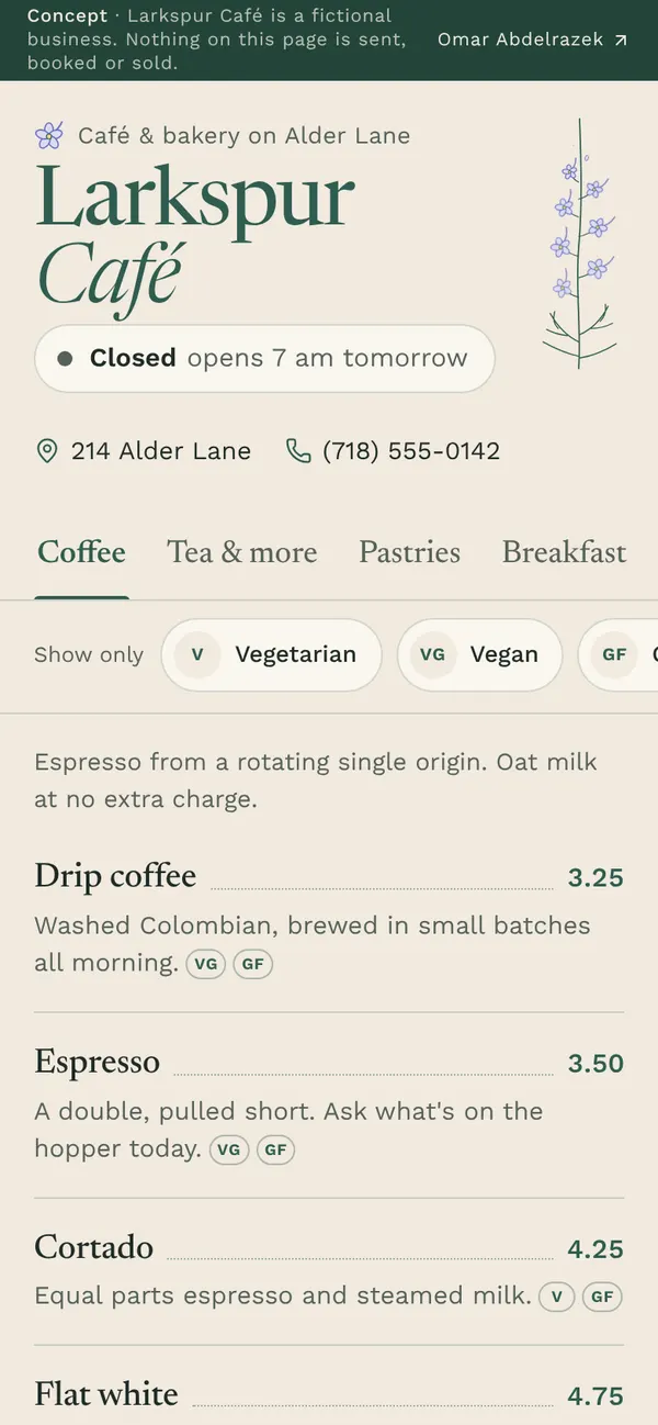 Larkspur Café homepage on a phone